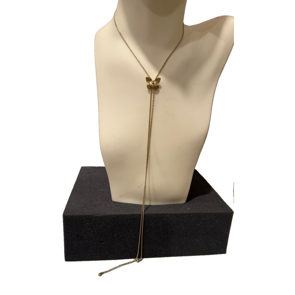 VTG Gold Tone Butterfly Slider Lariat Necklace 1980s Retro Adjustable Bolo 40"